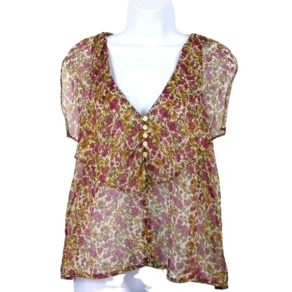Fire Los Angeles Sheer Maroon & tan Floral Top Size M - Picture 1 of 7
